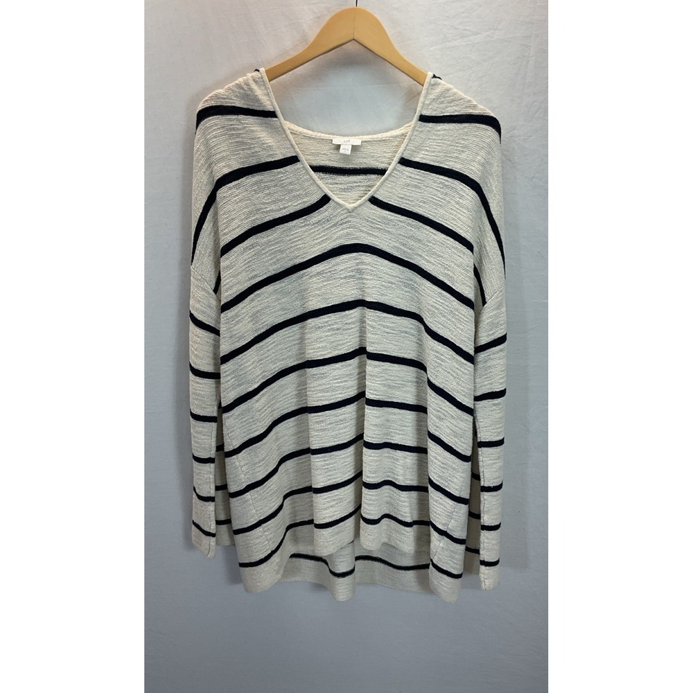J Jill blue striped v neck hoodie textured nautical beach pullover Boxy LG